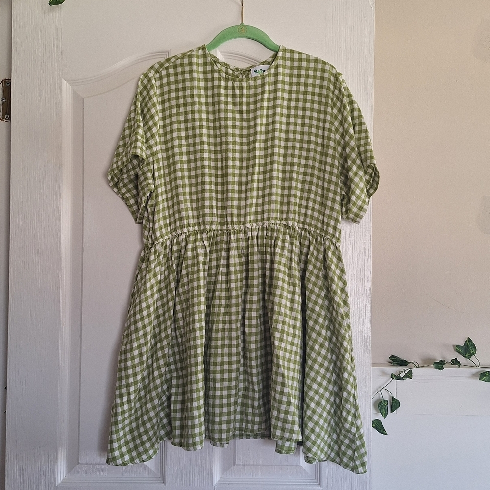 Shiny By Nature Green Gingham Babydoll Dress Size Large